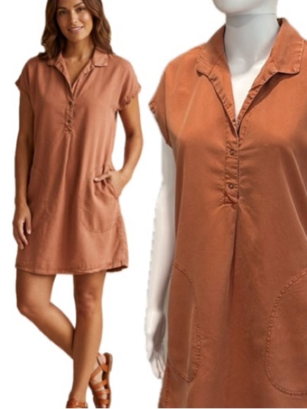 XCVI Tencel Popover Shirtdress Size XS Terracotta A-Line Short Sleeve Mini Dress